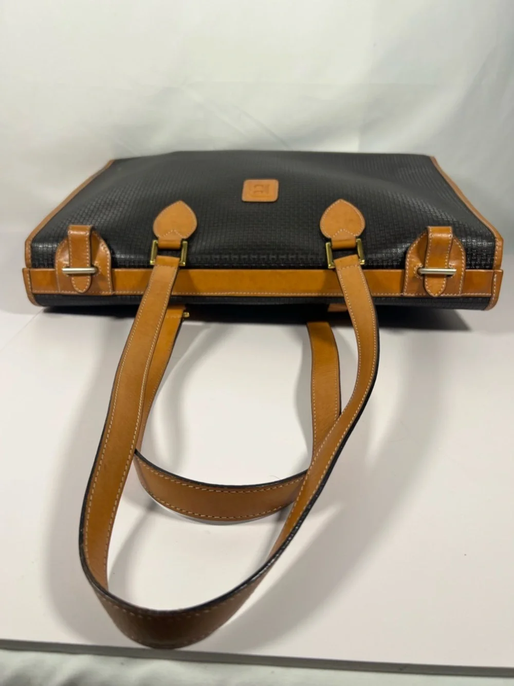 3077: Vintage Bally Micro B Monogram Black & Tan Leather Tote